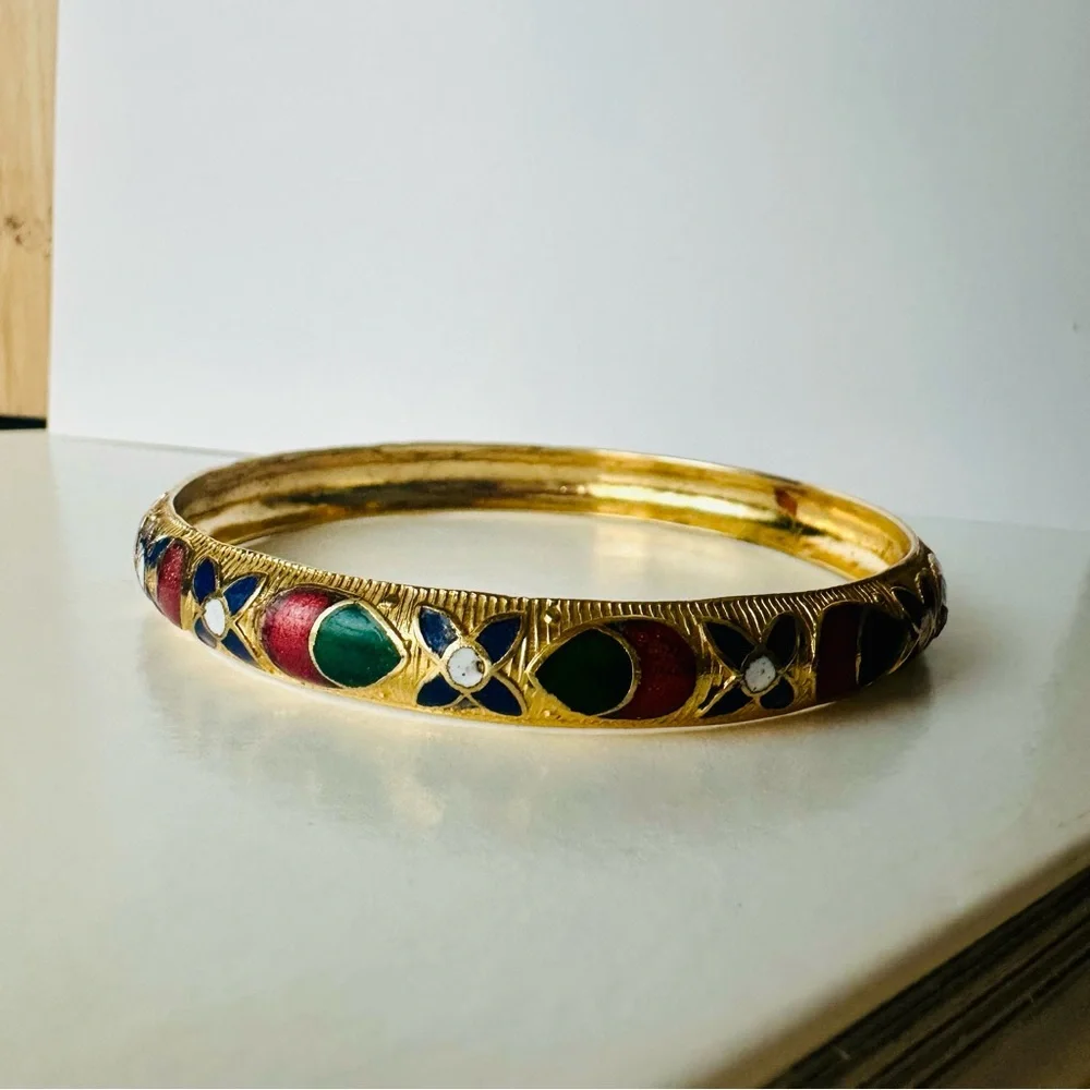 Vintage Cloisonné Gold-Tone Patterned Bangle - Picture 4 of 5